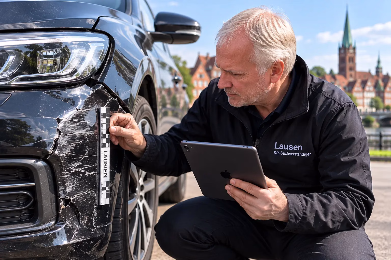 KFZ Sachverständiger bei der professionellen Schadenaufnahme eines Unfallfahrzeugs