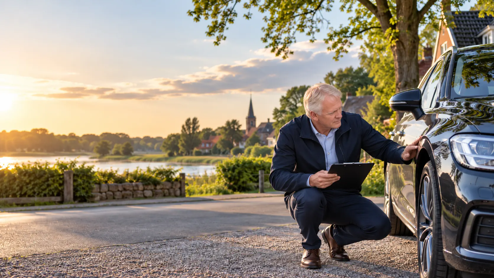 Finn Lausen bei der Begutachtung eines Pkw im Freien