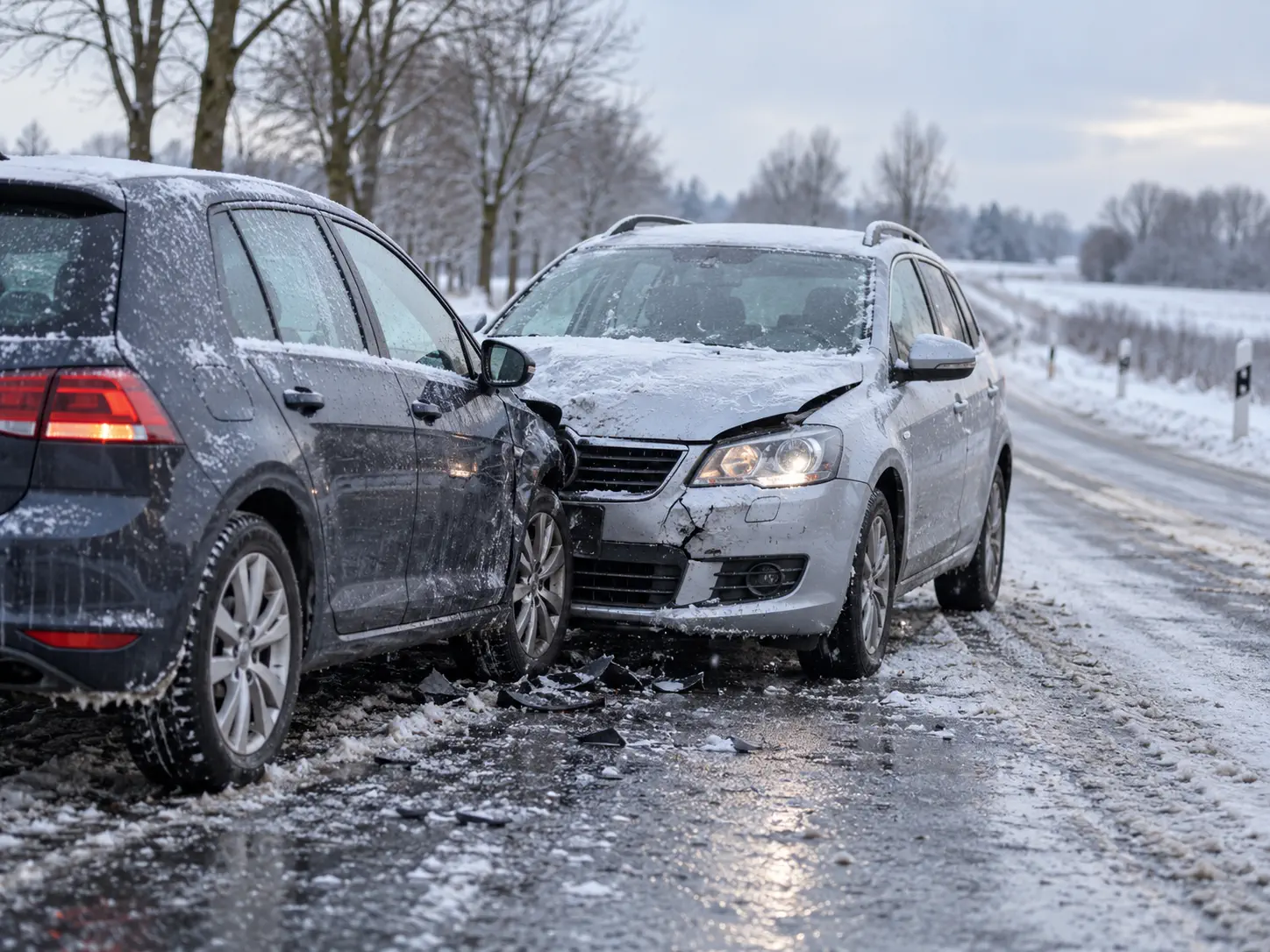 Zwei beschädigte Autos nach einem Unfall auf einer schneebedeckten, glatten Straße