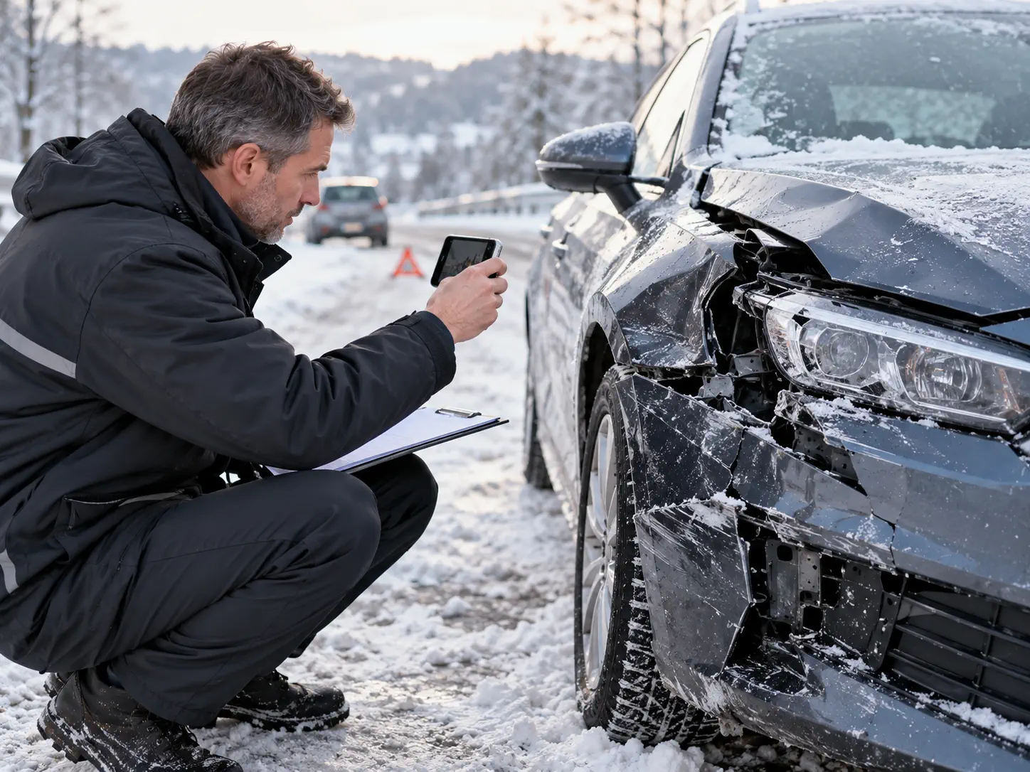 Sachverständiger dokumentiert im Winter mit einem Smartphone die Beschädigung an einem Fahrzeug